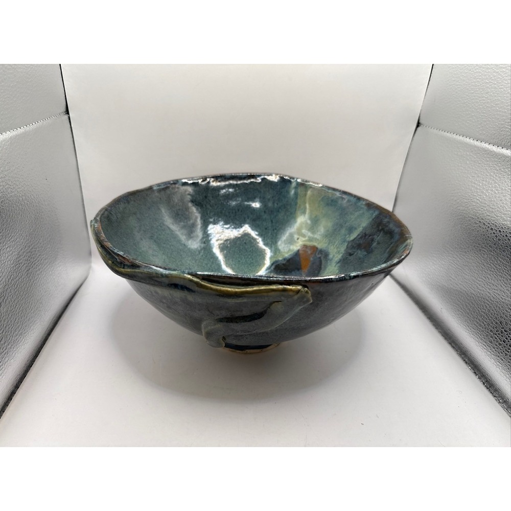 Hand Made Pottery Bowl, JS Signed Blue Green Color Textured Abstract 10"
